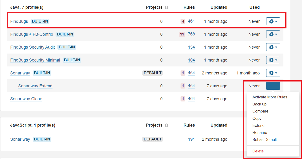 CURVC DevOps > SonarQube 메뉴 - Quality Profiles > image2022-7-8_13-35-35.png