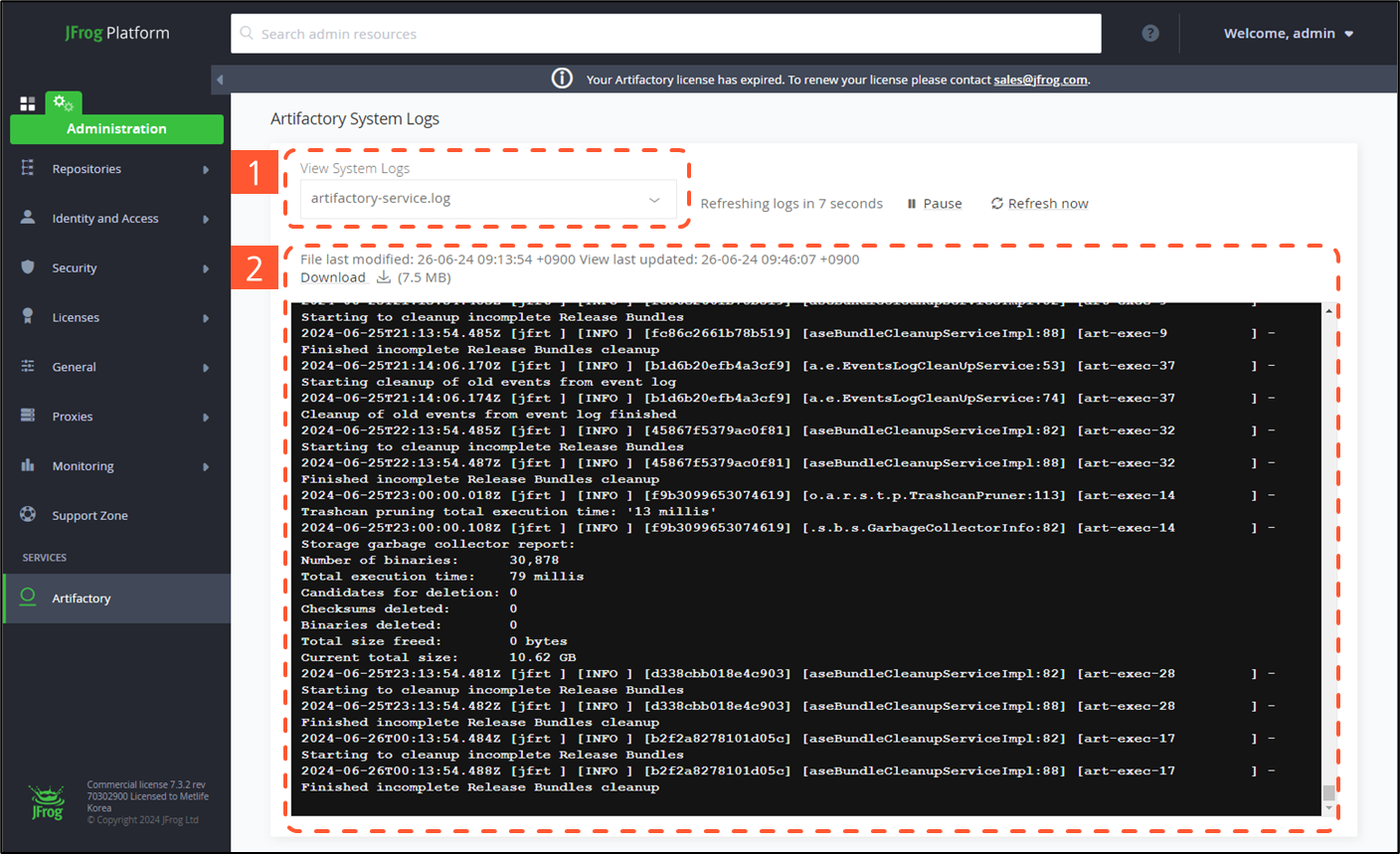 CURVC DevOps > JFrog Artifactory 로그 확인하기 > image-2024-9-27_16-31-1-1.png
